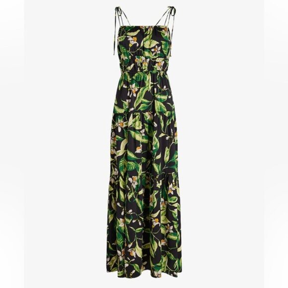 NWT EXPRESS Floral Square Neck Sleeveless Tie Shoulder Ruched Tiered Maxi Dress - Picture 4 of 16